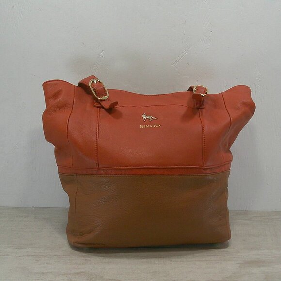 Emma Fox Large Leather Orange & Brown Color block gold tone Hardware Purse Bag - Picture 2 of 15